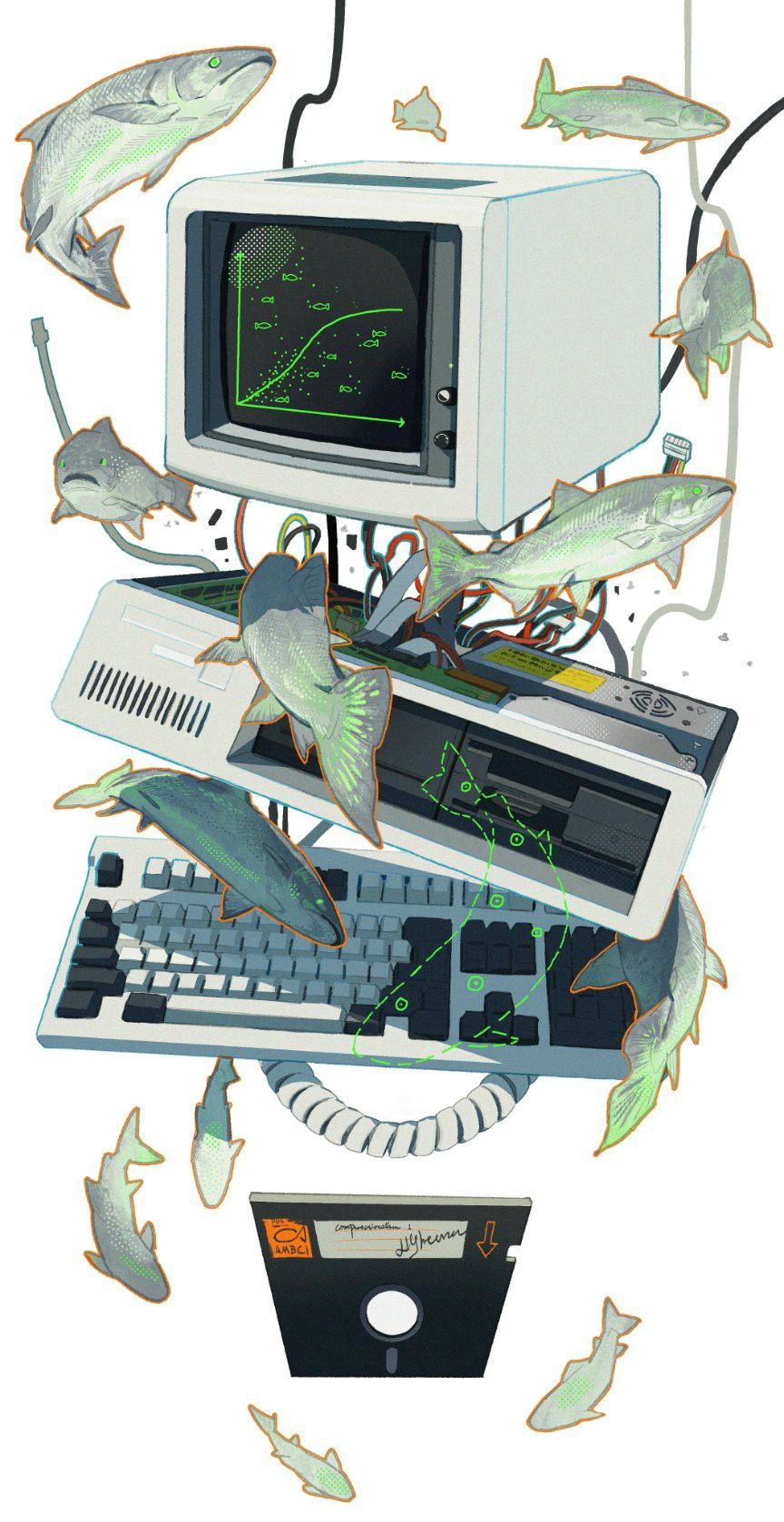 Retro computer and fish artwork
